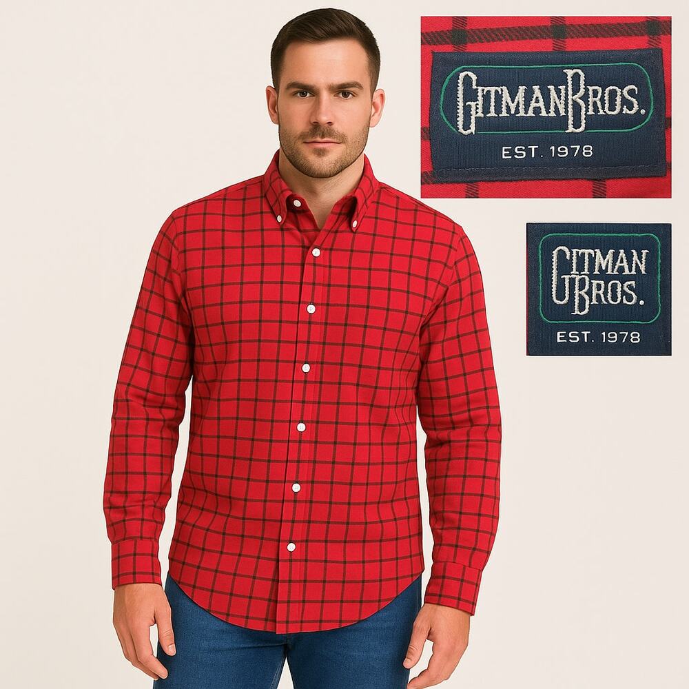 Gitman Bros. red windowpane plaid men's button‎ down shirt size XL